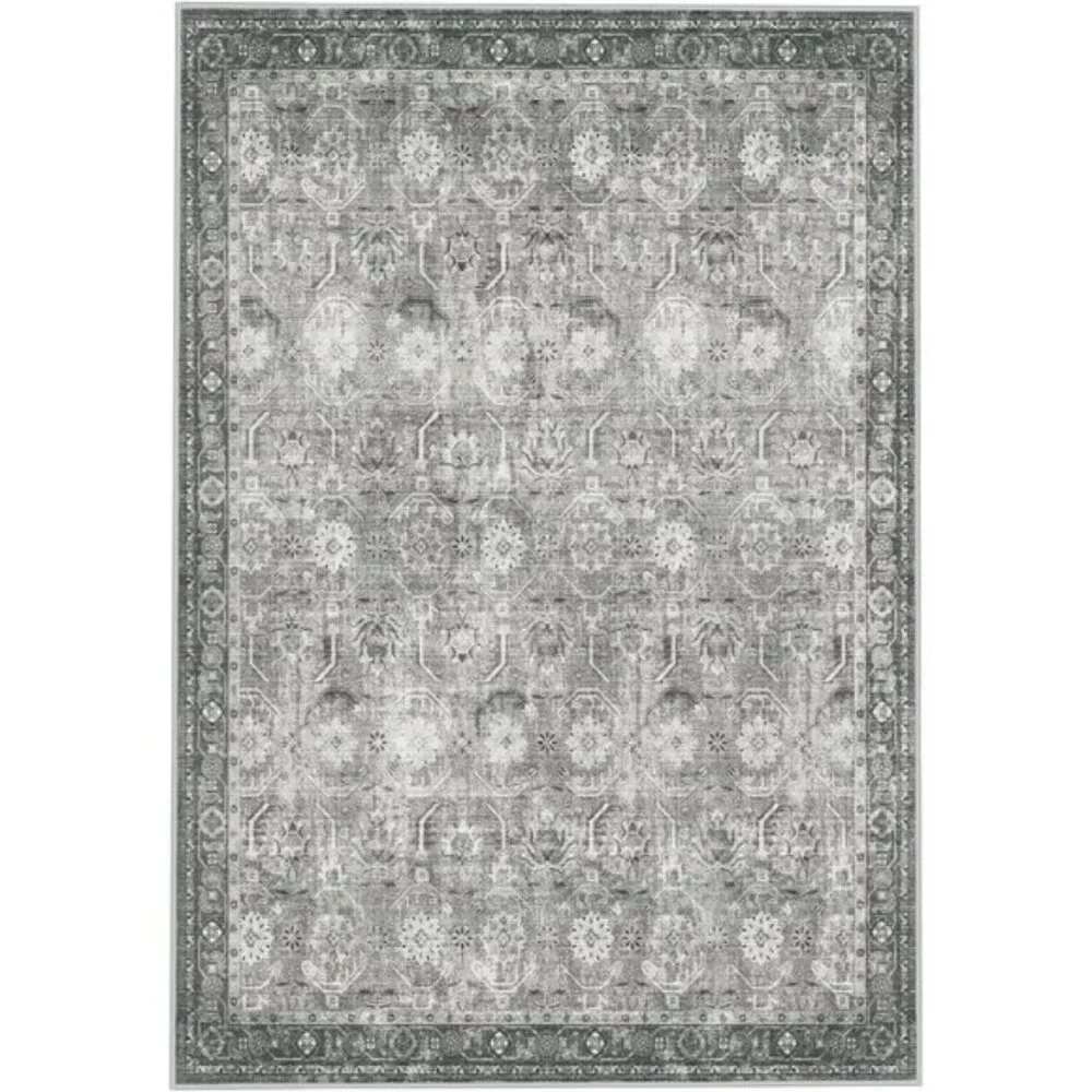New 5x7 Grey Washable Area Rug, Soft Floral Vintage Carpet for Home & Room Decor